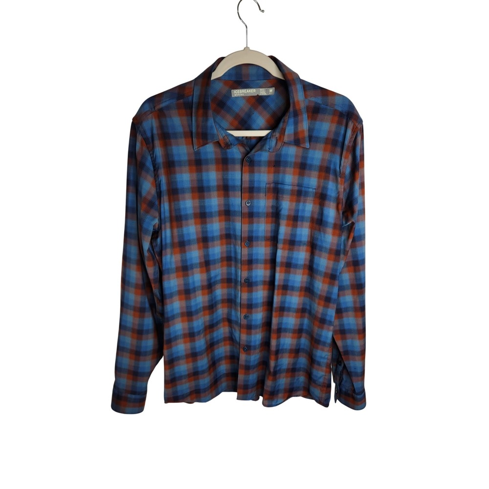 Icebreaker Button Up Shirt Mens Medium Blue Orange Plaid Merino Wool Long Sleeve